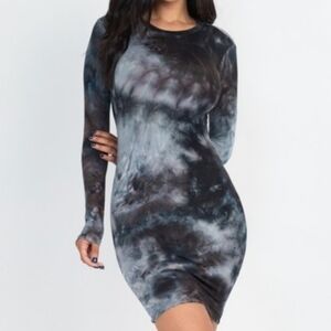 Capella Elegant Black and Gray Tie-Dye Longsleeve Bodycon Dress Size Large